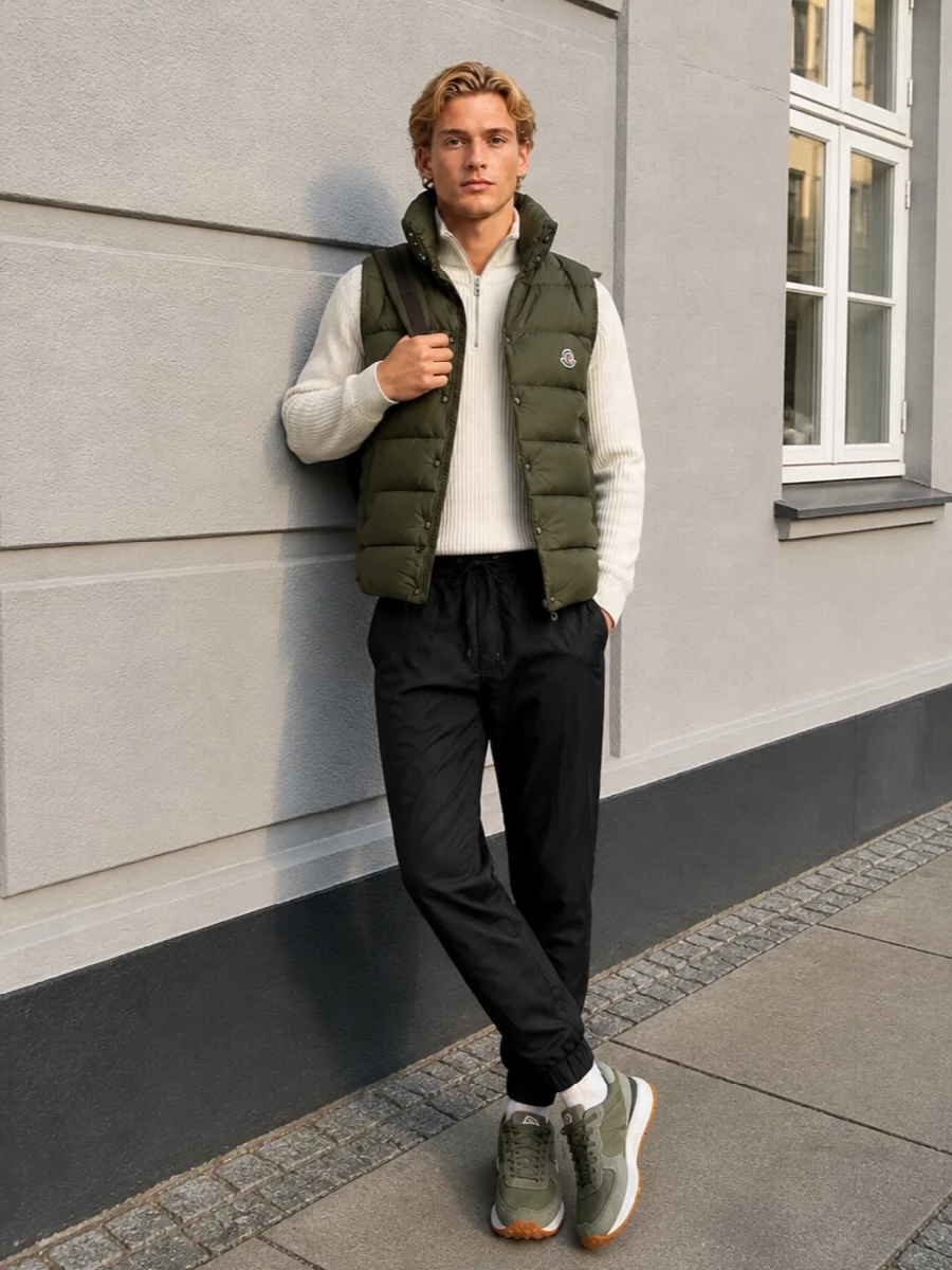 Moncler olive gilet half zip black joggers