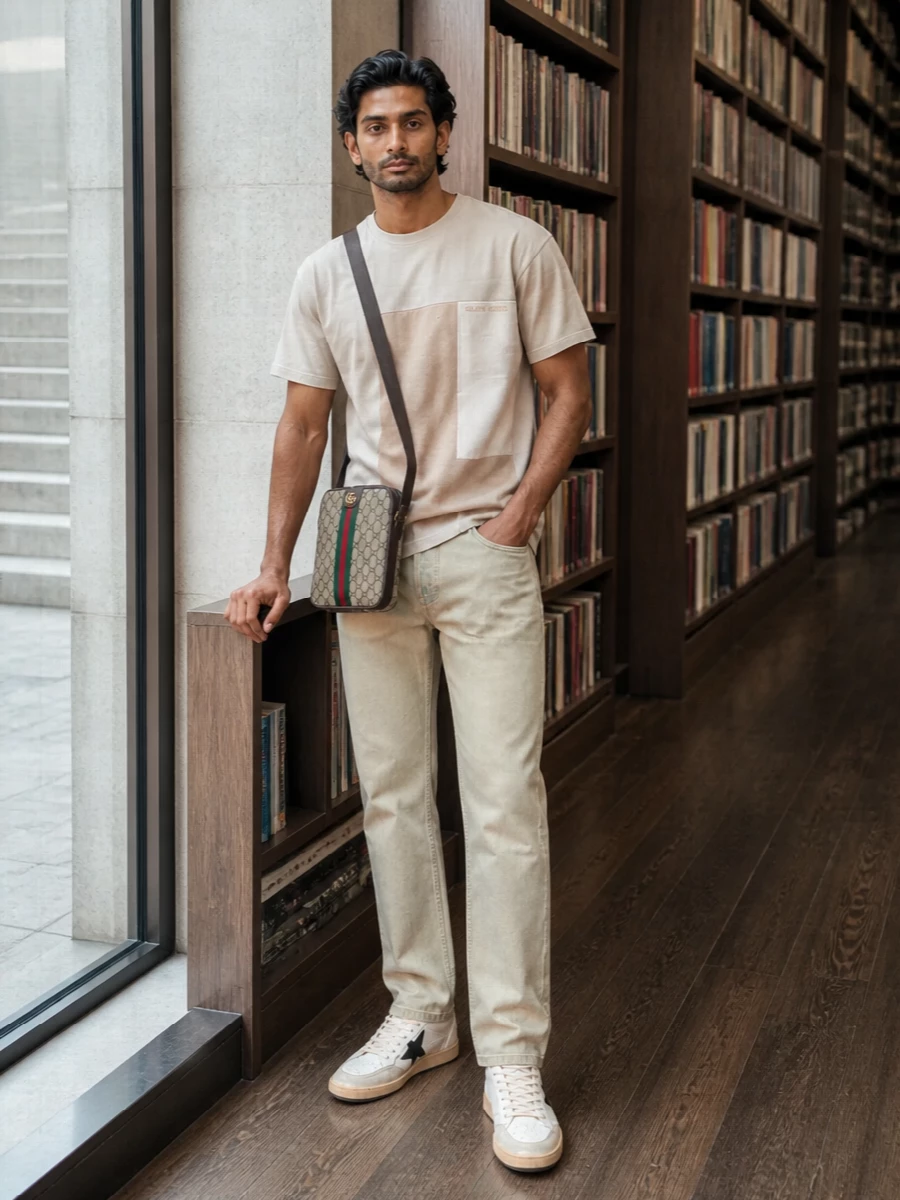 Golden goose sneakers khaki jeans gucci bag