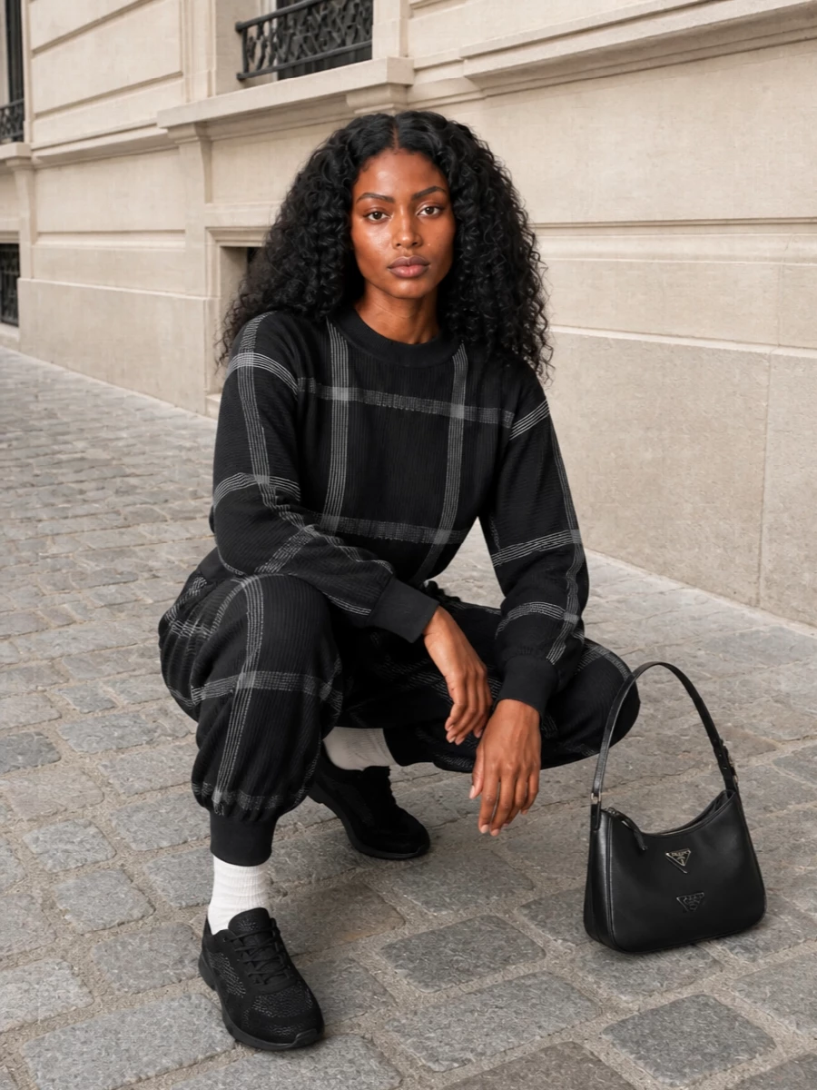 A graphic Pleats Please twinset turns the track pant into a sculptural uniform, the cropped jumper echoing every line of the windowpane pleats. Prada’s low, technical sneaker and structured shoulder bag keep the palette tight and the mood urban, while a flash of crisp sock at the ankle gives the whole thing a quietly athletic edge. It is off-duty, but thought through down to every seam and curve.