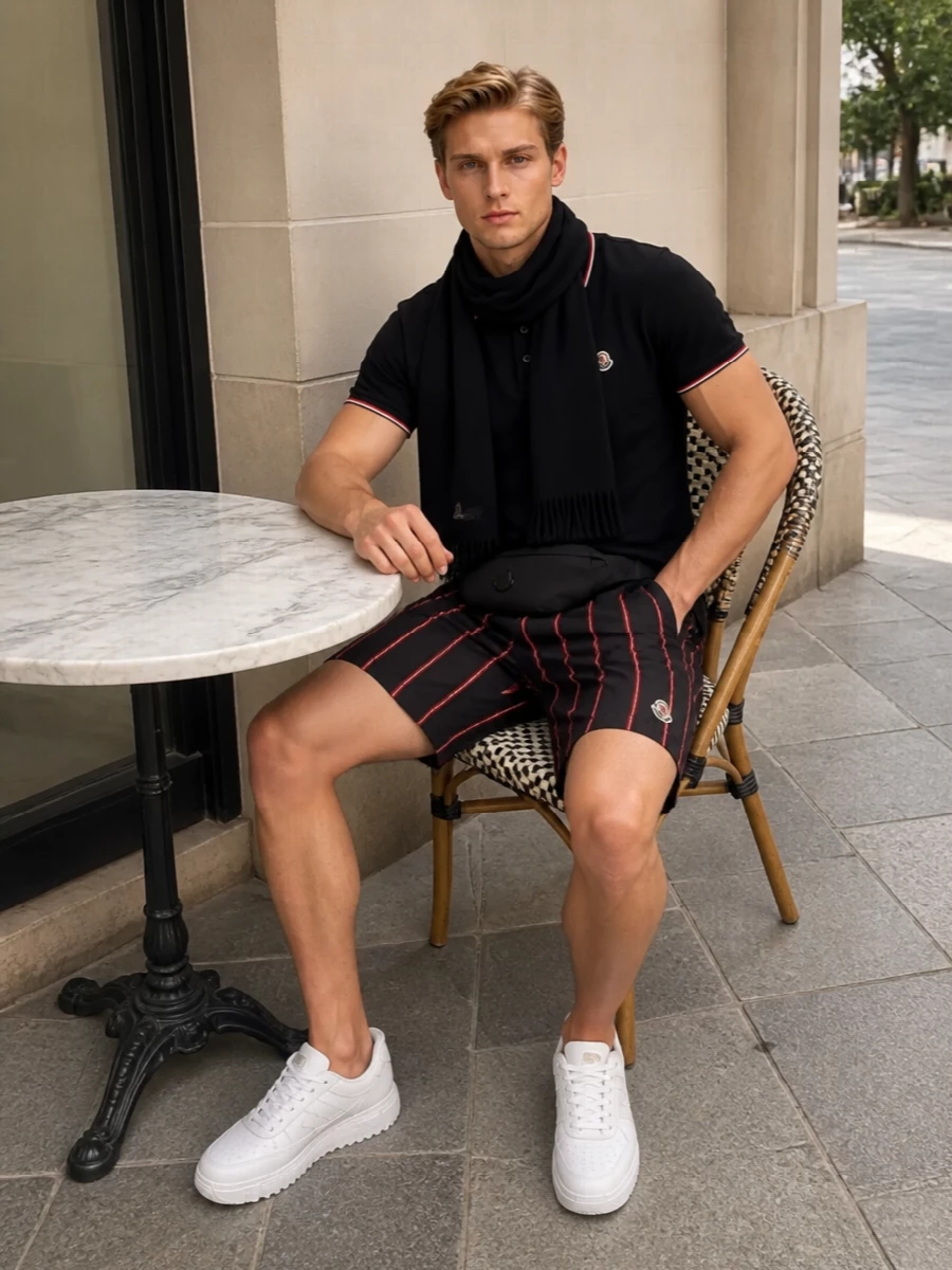 Moncler striped shorts black polo white sneakers