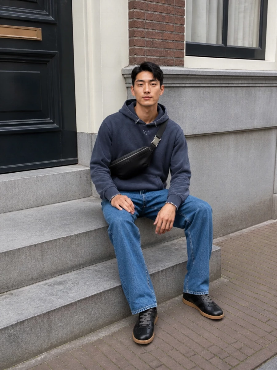 Our legacy wide jeans washed navy hoodie outfit