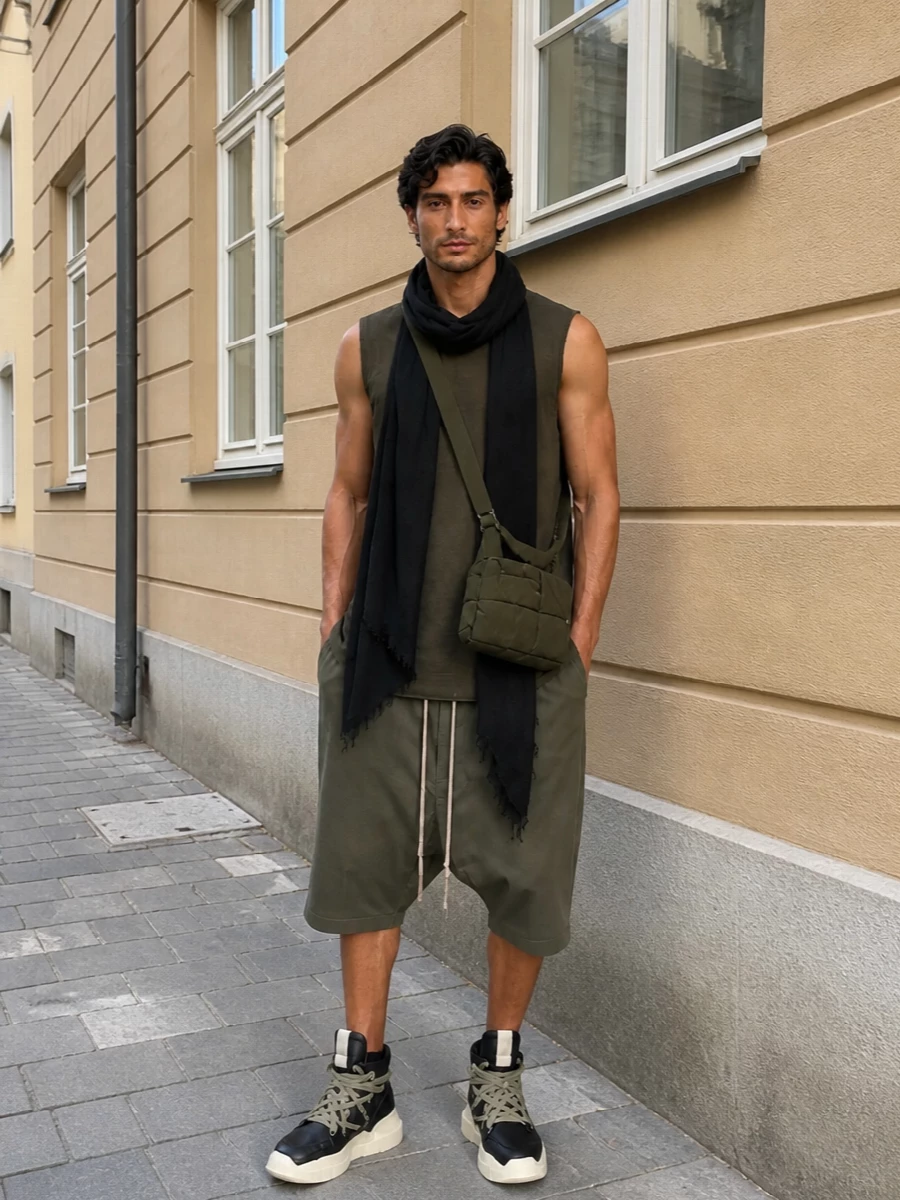 Rick owens drop crotch shorts olive longline top