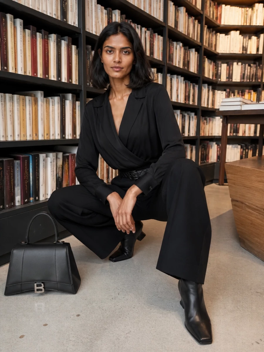Dsquared2 black wide leg trousers draped blouse outfit