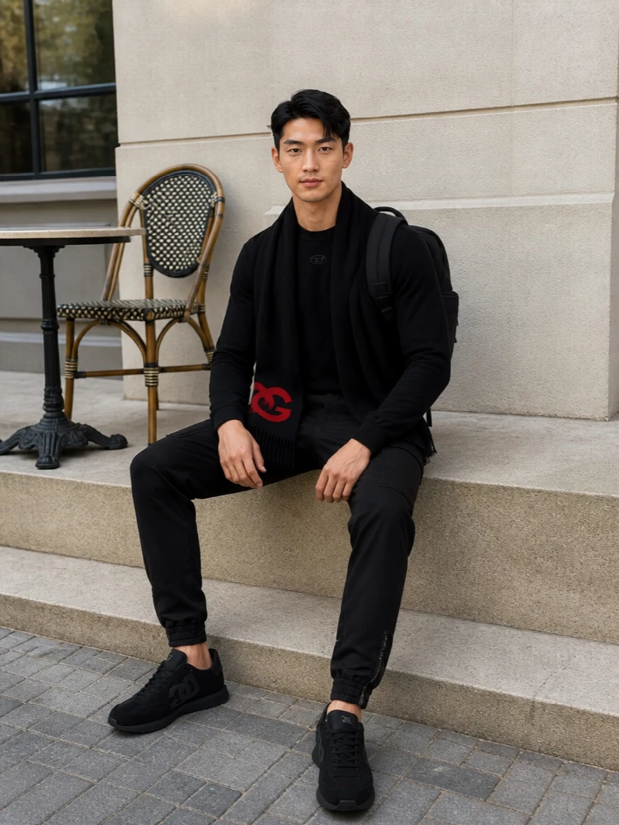 A black-on-black base with subtle red hits keeps this outfit sharp and unfussy, built around clean Diesel branding. Tapered cargos and sleek runners give it a technical street edge, while the structured backpack and logo scarf add just enough attitude without breaking the minimalist line.
