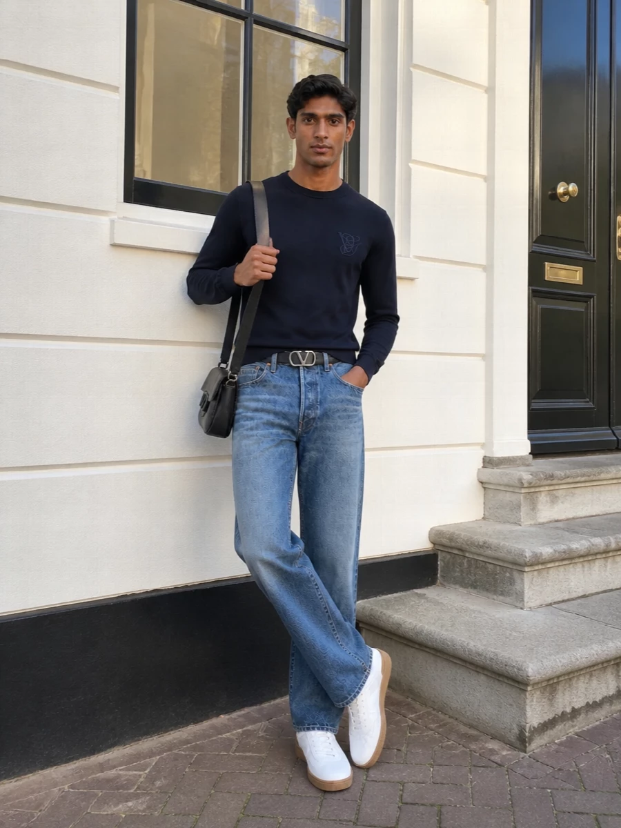 Valentino jeans navy sweater white sneakers