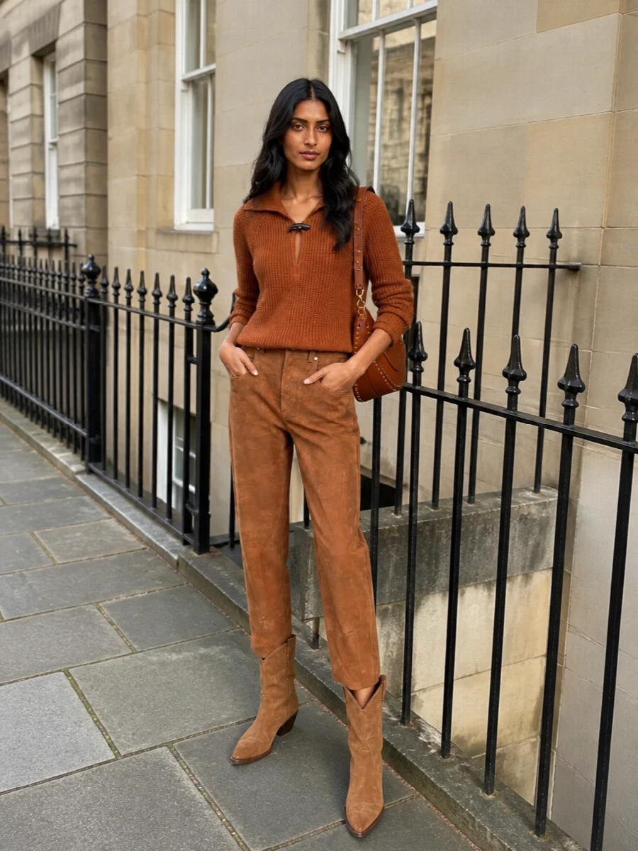 Burnt caramel and camel suede sit together here in an easy, tonal mix that feels warm without trying too hard. The straight-leg suede and pointed western boot subtly elongate the line, keeping the relaxed knit from reading bulky. A cognac shoulder bag in smooth leather introduces just enough structure and shine to balance all the soft texture.