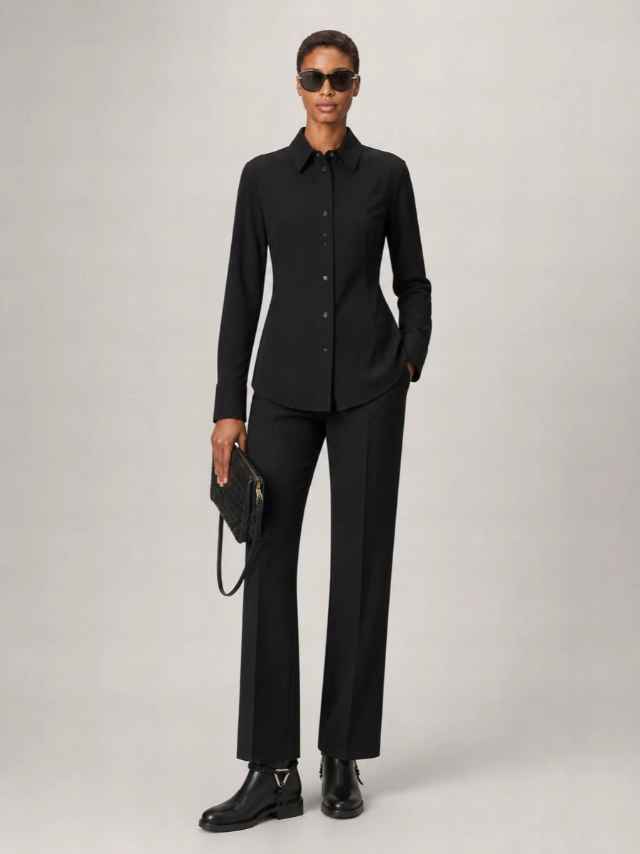 I’m building around tailoring rather than a dress so the sunglasses sit with their natural partners: precise black shirting, sculpted trousers and a clean ankle boot. The result is a pared-back black column with just enough structure and gold hardware to feel quietly assertive, ideal for autumn city evenings. It is minimalist, fully Bottega, and lets the cat‑eye aviators sharpen the whole ensemble without competing elements.