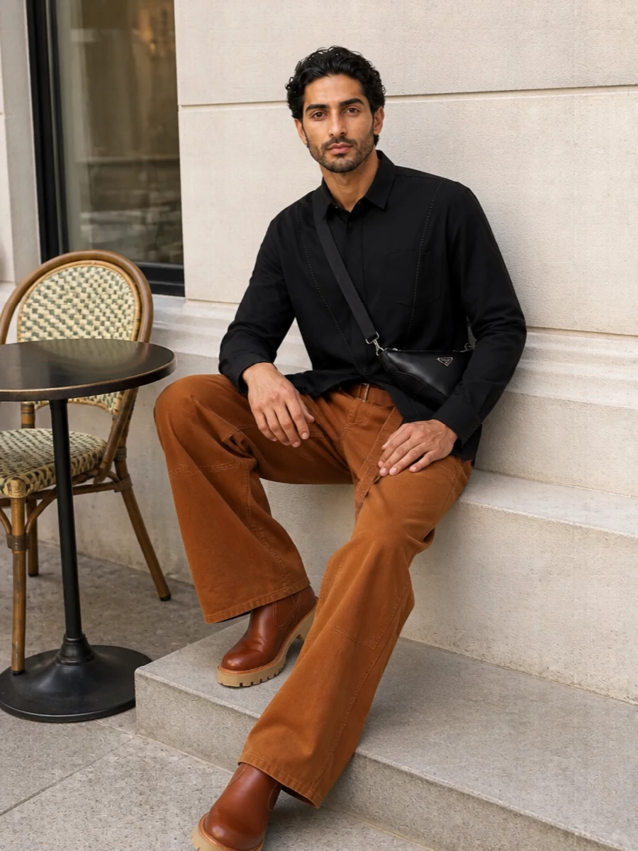 Burnt caramel workwear tailoring meets precise black shirting for a clean, directional take on off duty. The wide leg sits over solid cognac lug boots, so the volume feels grounded rather than slouchy. A sleek black crossbody and belt echo the shirt, tightening the palette into a focused mix of warm brown and deep noir.