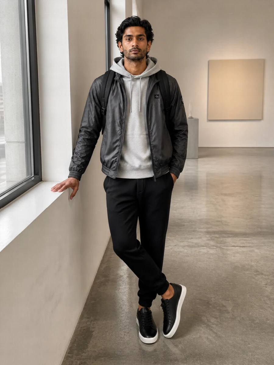 Calvin klein grey windbreaker joggers outfit