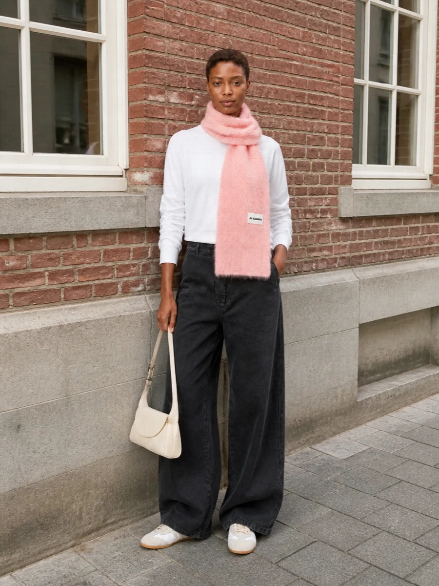 Bright white and washed-black create a crisp, modern base, with the ruched sweatshirt and wide-leg trouser working together as a relaxed, sculptural column. Neutral sneakers and a buttercream baguette keep everything soft around the edges, while a blush scarf offers the option of a subtle, wearable hint of color.
