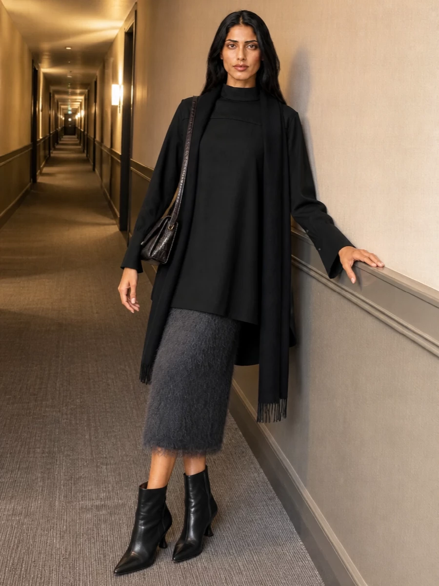 A sculptural black tunic skims over the textured charcoal skirt, keeping the focus on Dries’ signature surface while maintaining a strong, tailored line. Sleek black cone-heel boots and a dark croc-embossed shoulder bag deepen the nocturnal palette for refined dinners, while a long black scarf adds just enough winter softness without diluting the quiet drama. The result feels composed and modern, with texture doing the storytelling rather than overt detail.