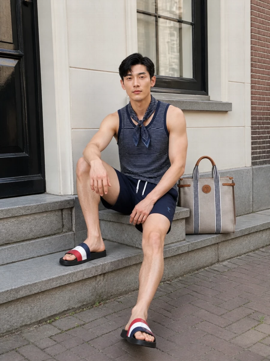 Navy Ami swim shorts with the matching striped tank create a clean, modern take on classic Riviera prep. Moncler slides keep it deliberately poolside, while the Valentino canvas tote and Ferragamo silk square add just enough grown-up polish for moving from sun lounger to seaside lunch.
