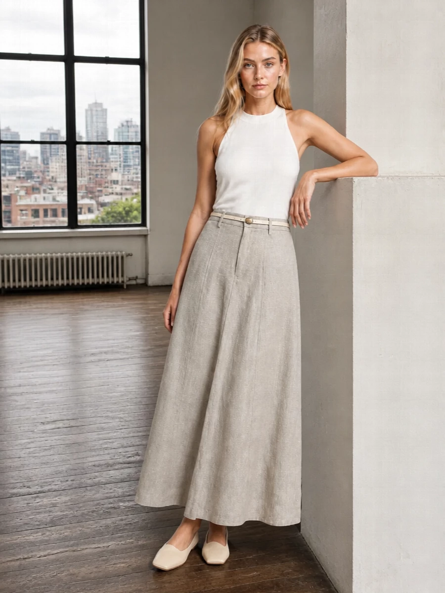 Alysi beige maxi skirt white halterneck outfit