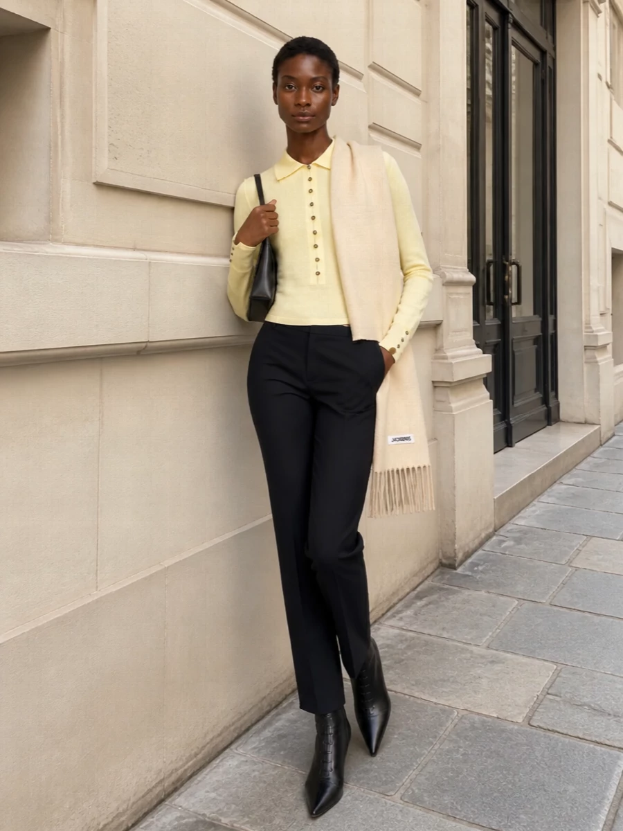 Minimalist knit polo navy trouser outfit ideas