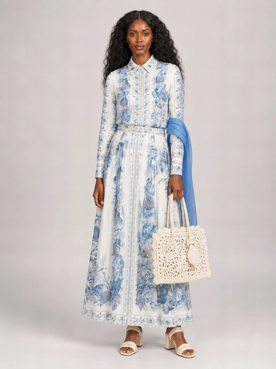 Zimmermann Cotton Printed Pleated Mid-Rise A-Line Maxi Skirt