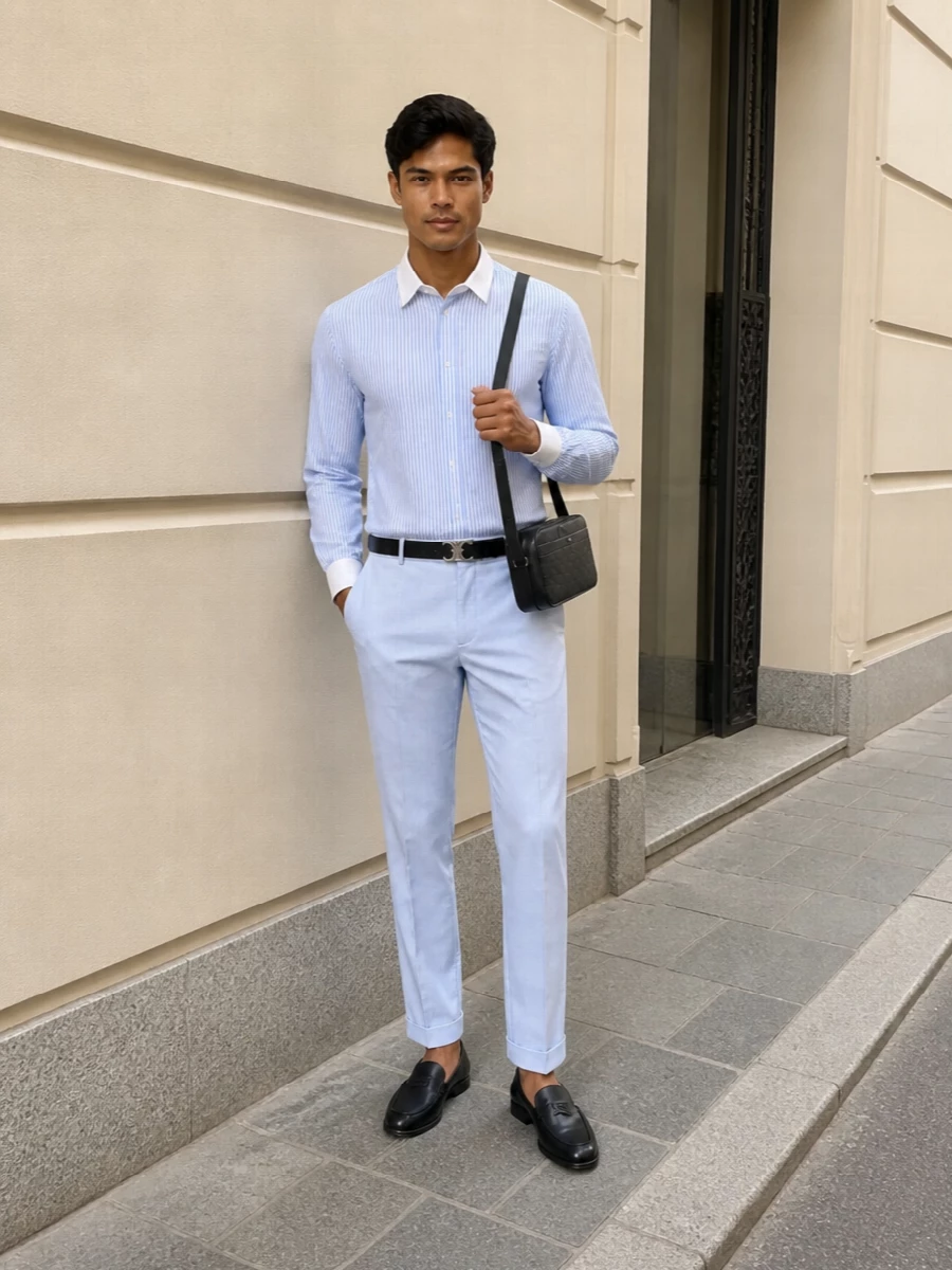 Celine striped shirt pale blue tailored trousers