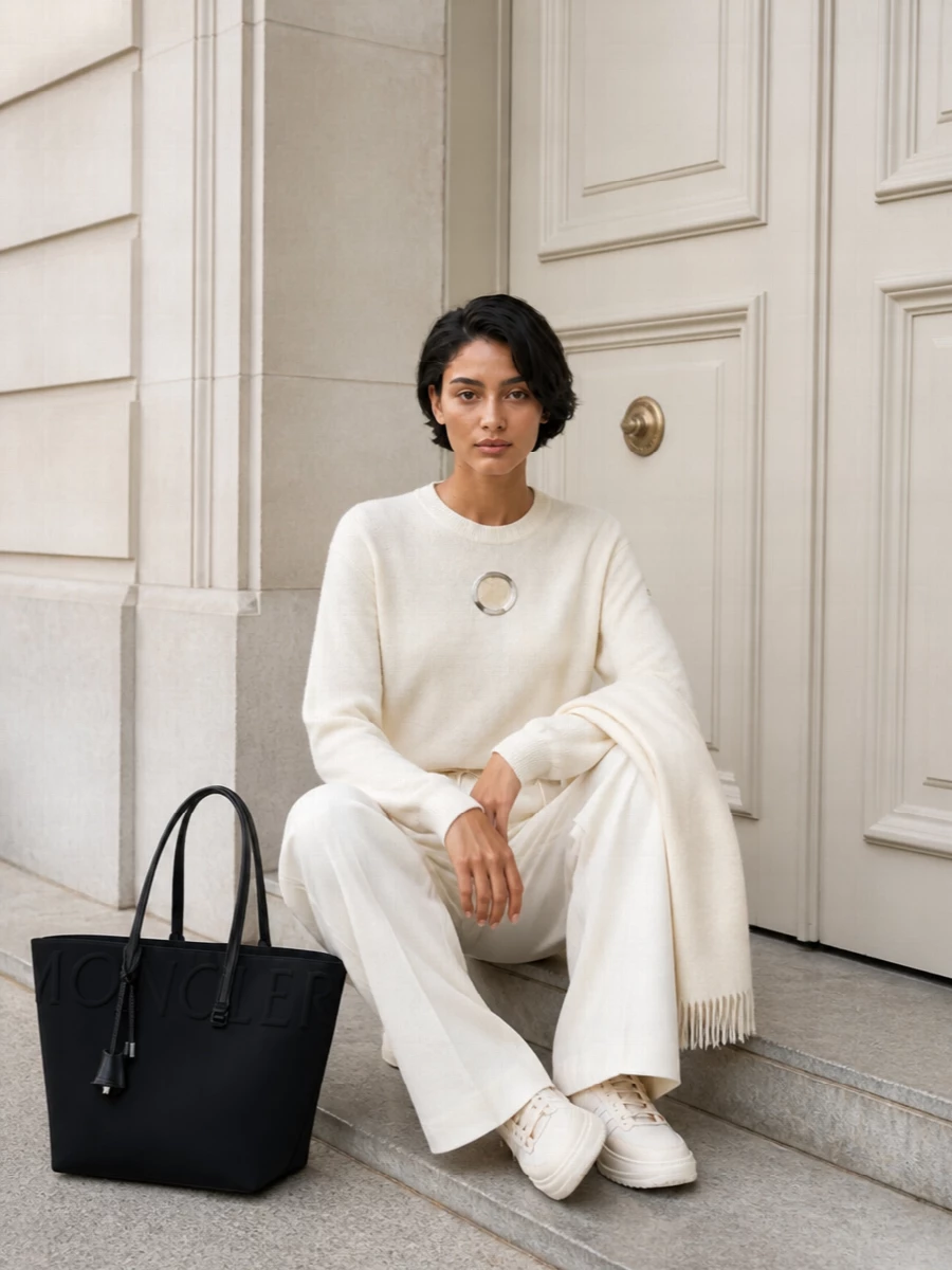 A soft column of butter and ivory keeps the focus on clean lines and subtle Moncler detailing. Wide-leg trousers and sculpted sneakers create an easy, elongated silhouette that reads polished, not precious. The black tote sharpens the palette just enough for city errands or travel days.