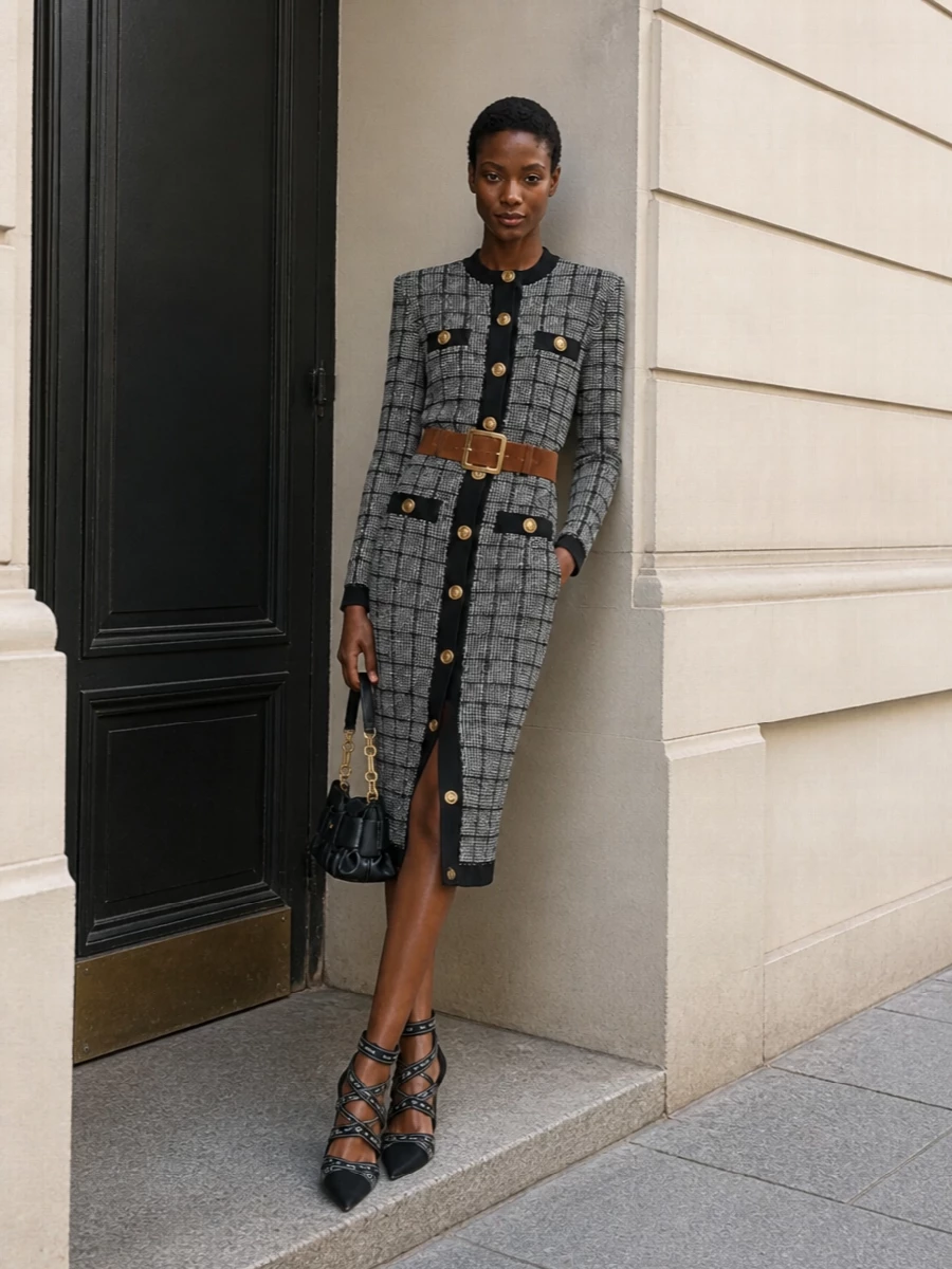 Balmain checked cardigan midi skirt outfit