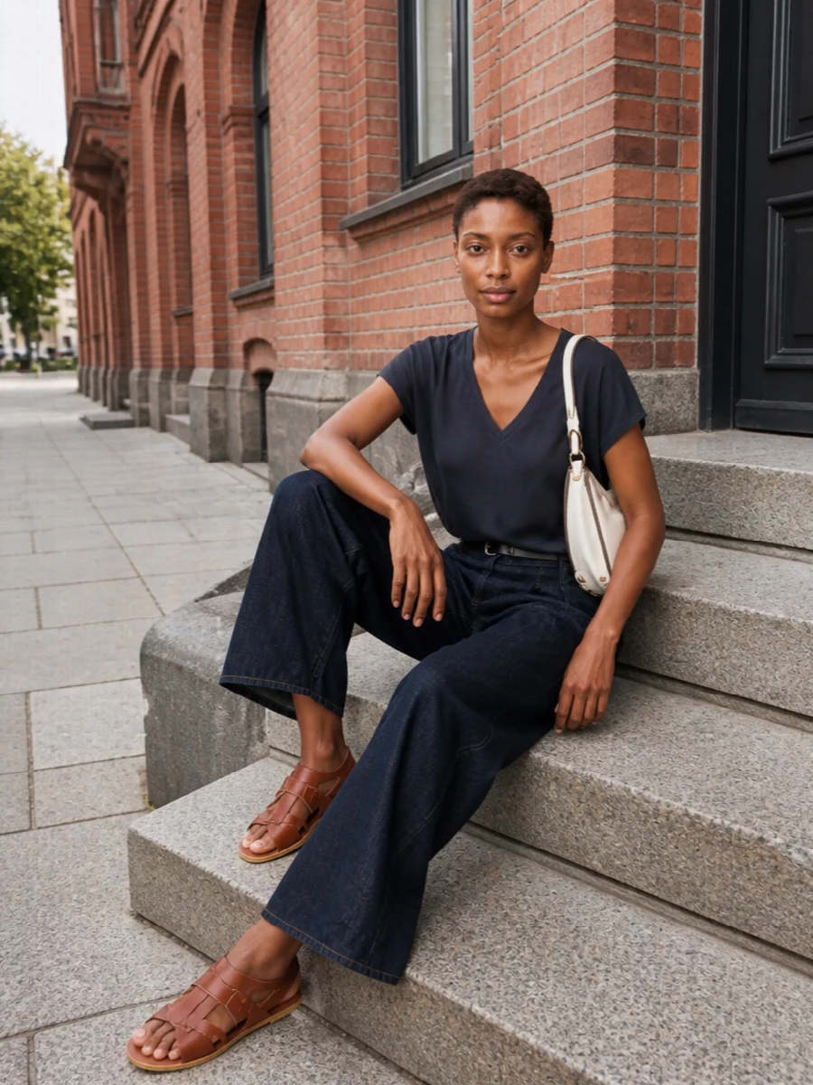 Dries van noten navy tee wide leg denim sandals