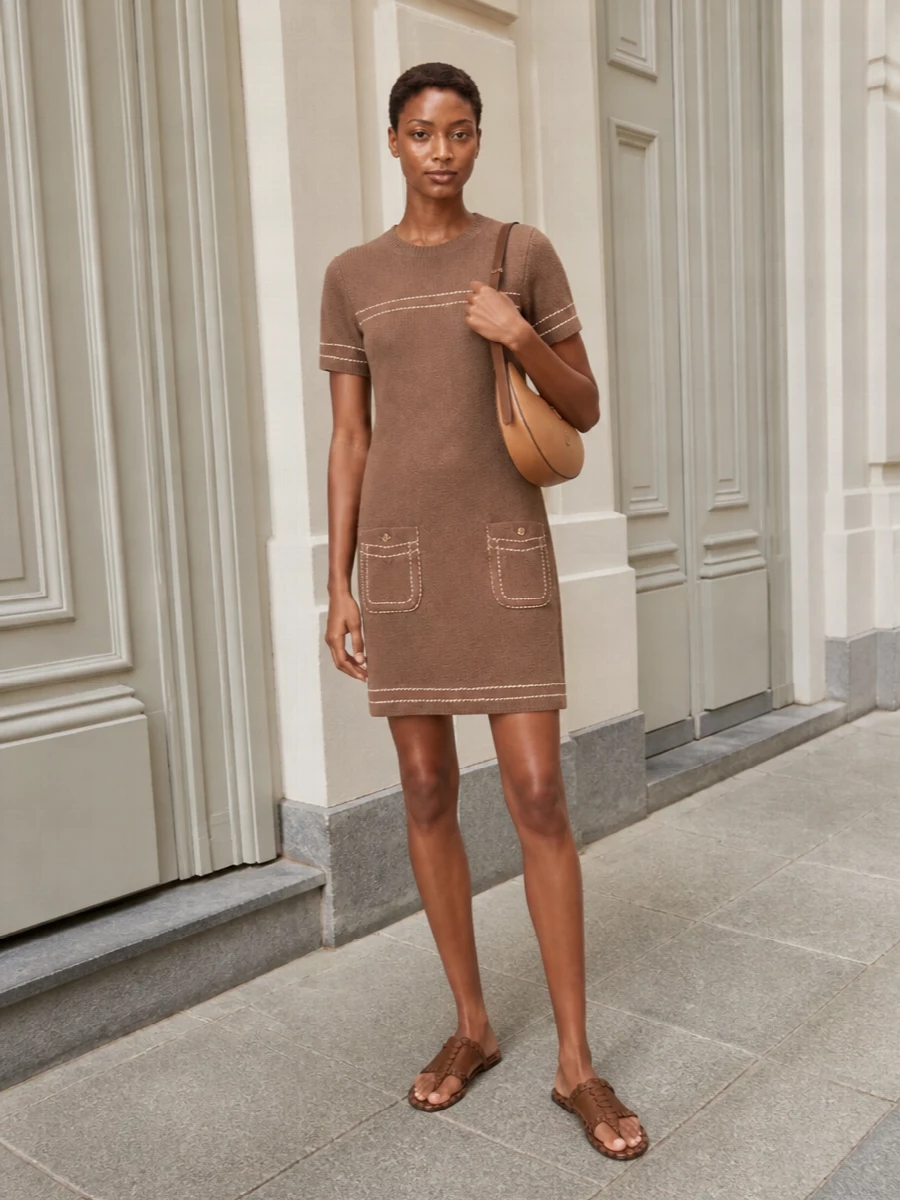 Prada camel knit dress brown flat sandals outfit