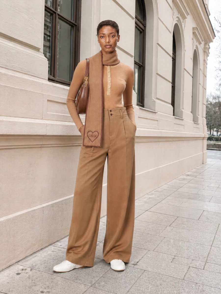 Chloe camel henley wide leg trousers outfit