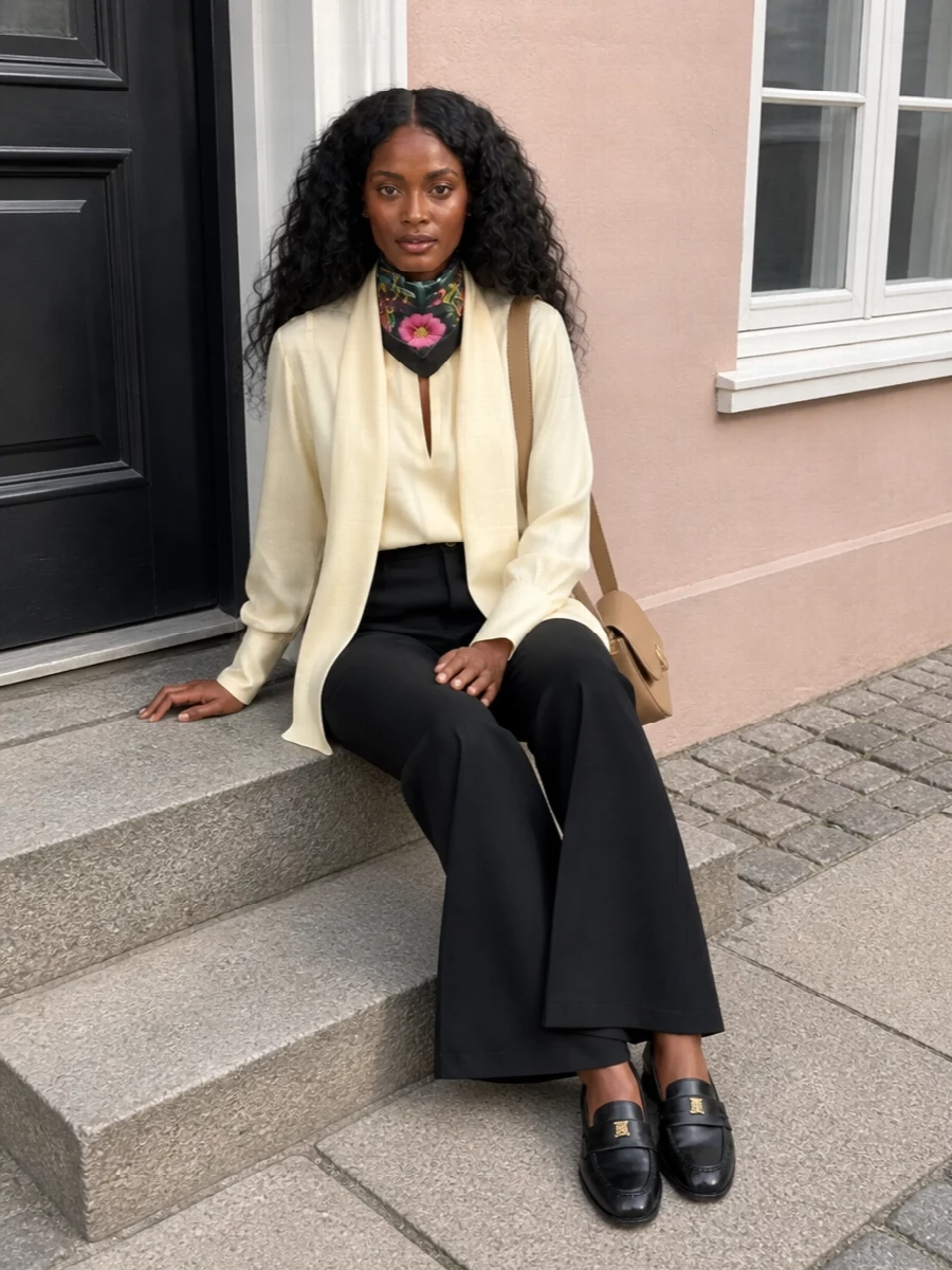 I chose the top-and-trouser route rather than a dress so the Gucci floral foulard can sit at the neck and really converse with soft tailoring, which is where it shines. The butter-cream scarf-neck blouse and black flared trousers create a clean, romantic-quiet-luxury canvas in line with the scarf’s palette and formality, while loafer and structured bag choices keep the mood tailored rather than boho. It feels like a modern client-dinner outfit: quietly expressive with color, but anchored in precise lines and Italian polish.
