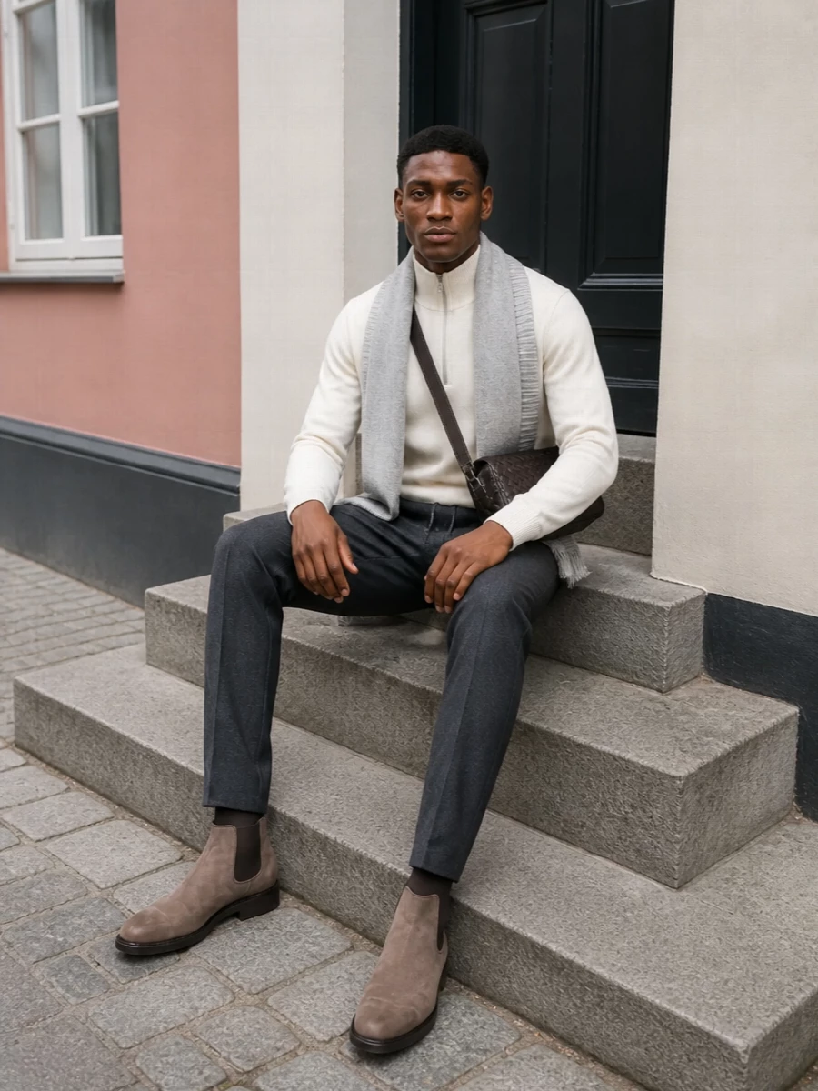Charcoal drawstring tailoring meets a soft ivory half zip for a quietly refined take on relaxed office dressing. Taupe suede Chelseas and a deep brown intrecciato crossbody warm up the cool greys, keeping everything polished yet easy. A feather-light grey scarf finishes the composition with subtle texture and tonal depth.