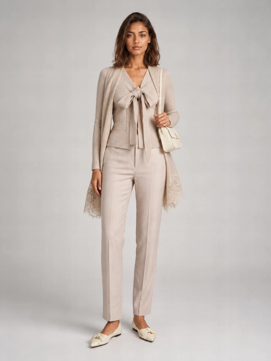 Ermanno Scervino Cashmere Ribbed Draped Bow V-Neck Cardigan
