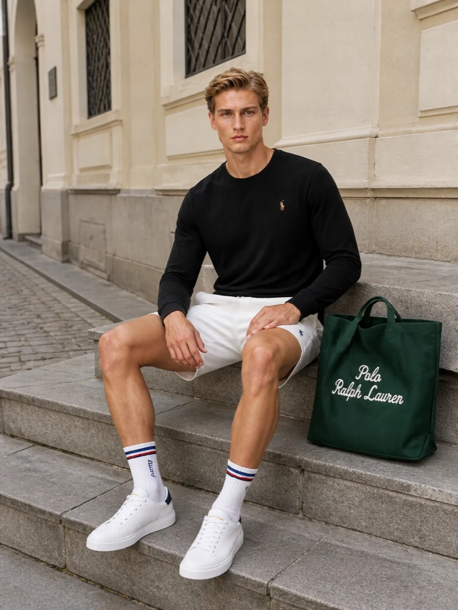 Black up top and soft ivory down low keep this Polo outfit clean, easy and a touch collegiate. The crisp white sneakers and striped sport socks lean into retro court energy, while the bold green tote adds a single graphic accent that still feels relaxed. Ideal for warm days when you want comfort that looks considered from coffee runs to casual dinners.