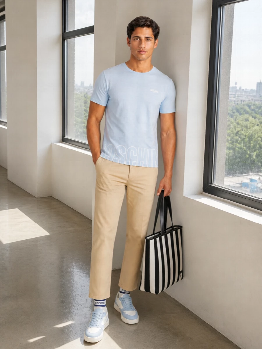 Pale blue and beige set the tone here, giving the Moschino tee a fresh, collegiate feel against clean straight-leg trousers. Powder blue sneakers and striped socks echo the top half, so the color story reads intentional without feeling overthought. The bold black and ivory tote adds a single graphic hit, keeping the outfit relaxed and city-ready for warm days in motion.