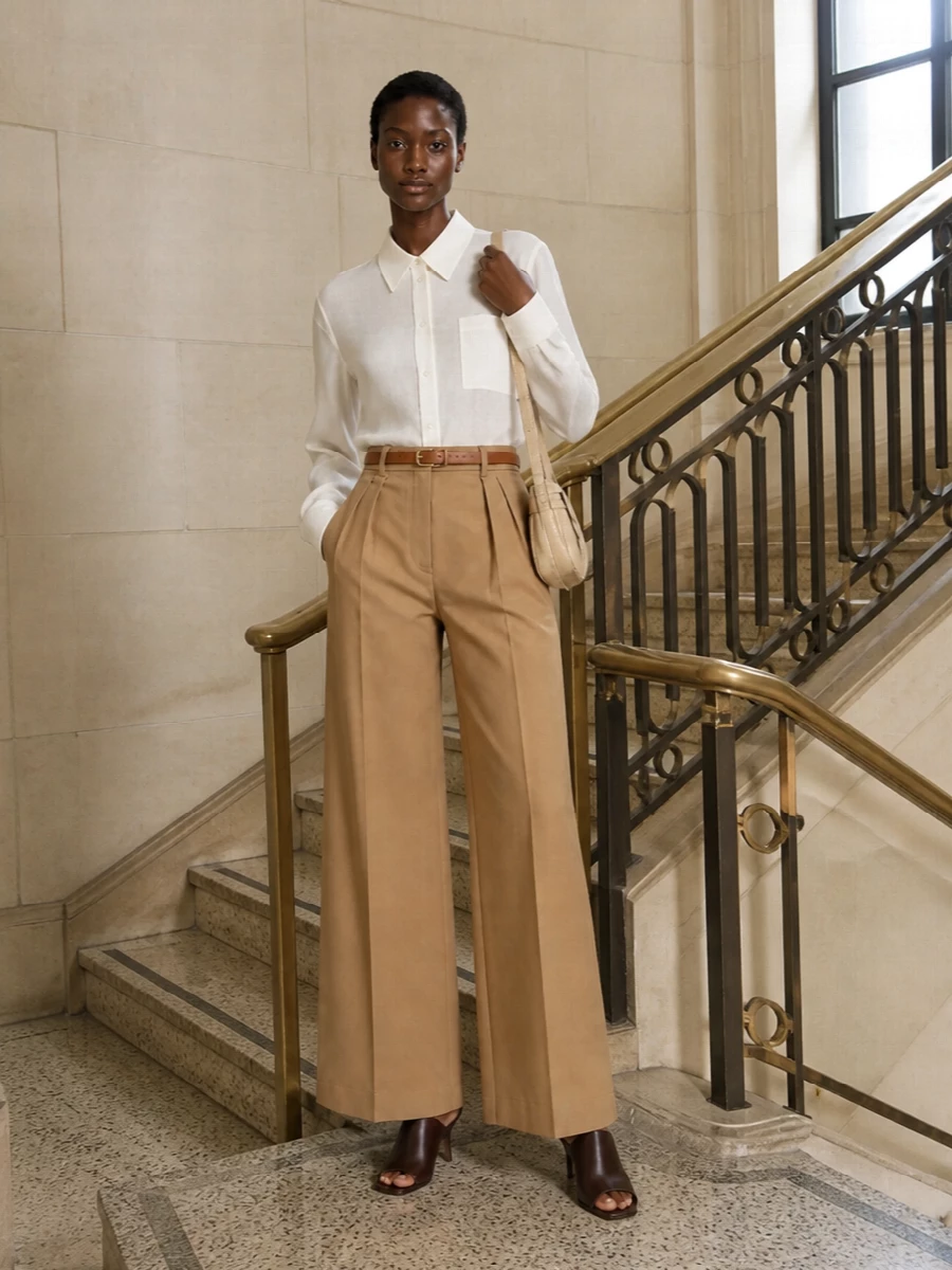 Max mara camel wide leg trousers ivory shirt outfit