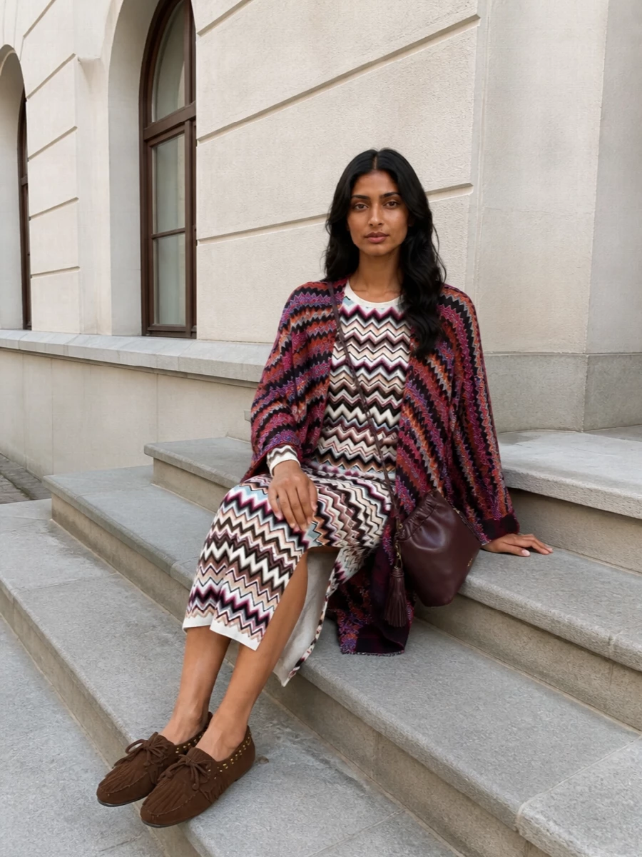 Missoni poncho knit midi dress outfit