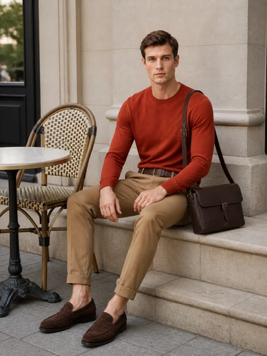 Pt torino camel chinos rust sweater loafers