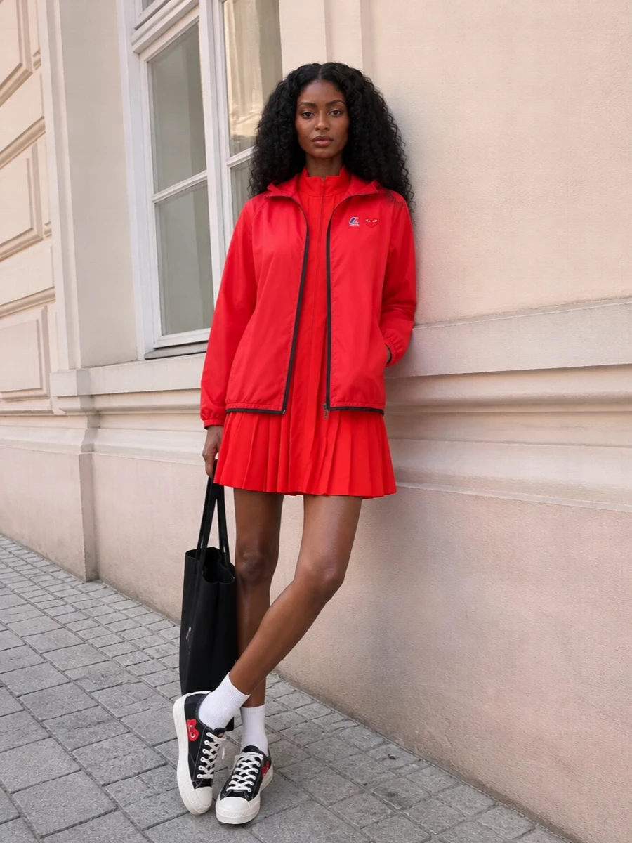 Comme des garcons red jacket nike mini dress outfit