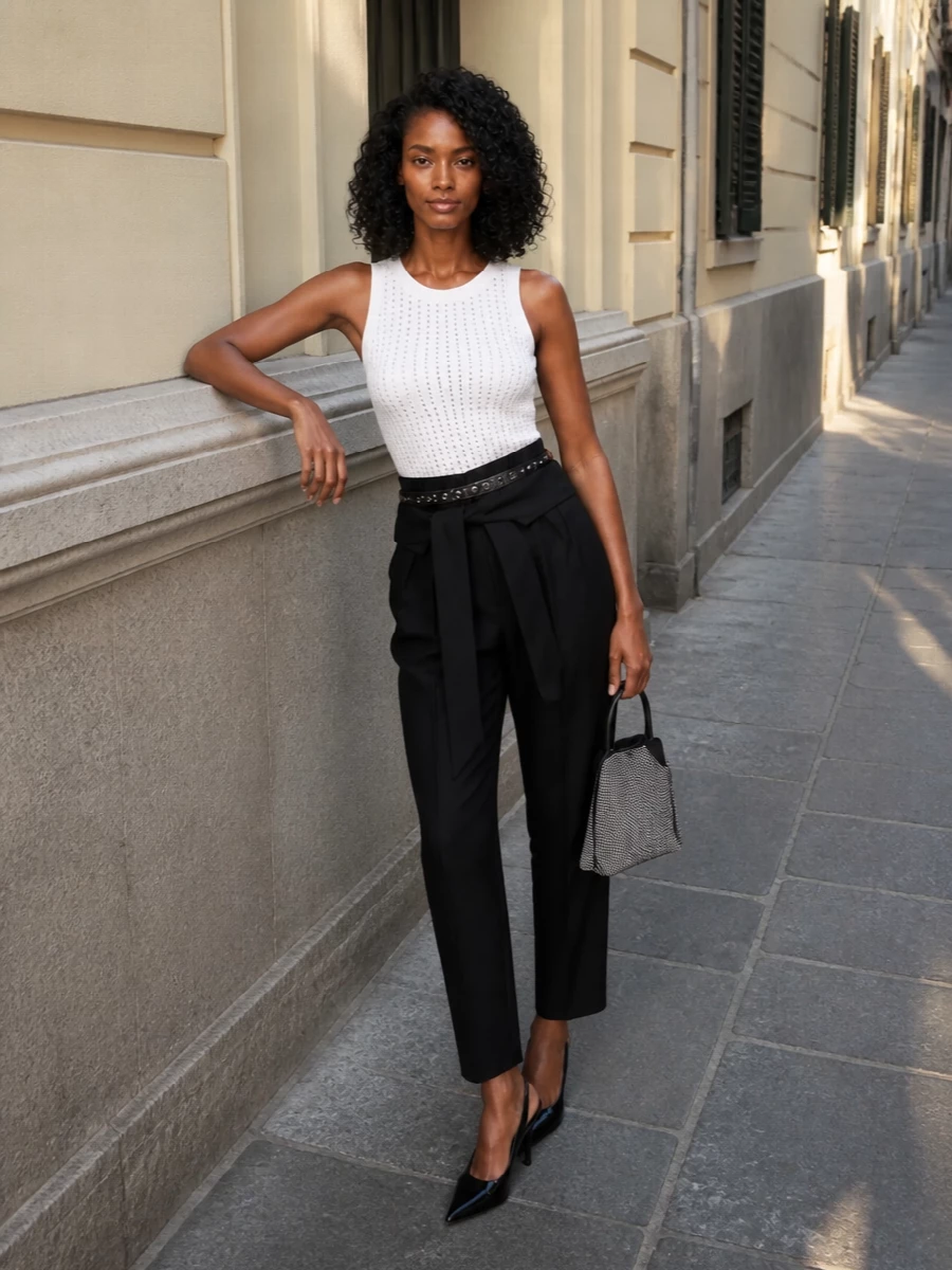 A studded rib tank meets a sharply belted black trouser for a clean, high-waist silhouette that feels strong rather than sweet. Glossy black slingbacks and a crystal bucket bag keep the energy firmly after dark, with a slim studded belt pulling the metal story through the whole outfit. It is streamlined, leg-lengthening and unapologetically city-night focused.