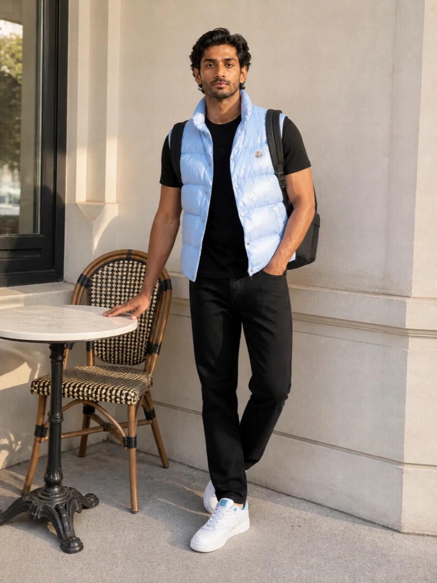 Moncler gilet black jeans ice blue sneakers outfit