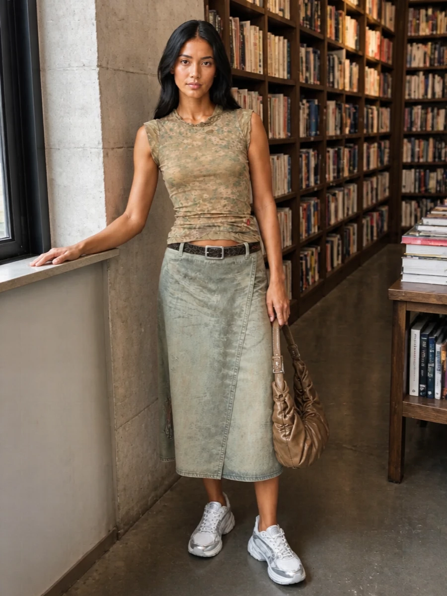 Diesel’s ruched camo top meets the washed sage wrap midi for a tonal, street-driven mix of textures that feels tough but easy for warm city days. Chunky silver-accented runners keep it grounded and practical while still nodding to Y2K, and a taupe ruched shoulder bag plus a sharp black belt pull the whole palette together with a precise, utilitarian attitude.
