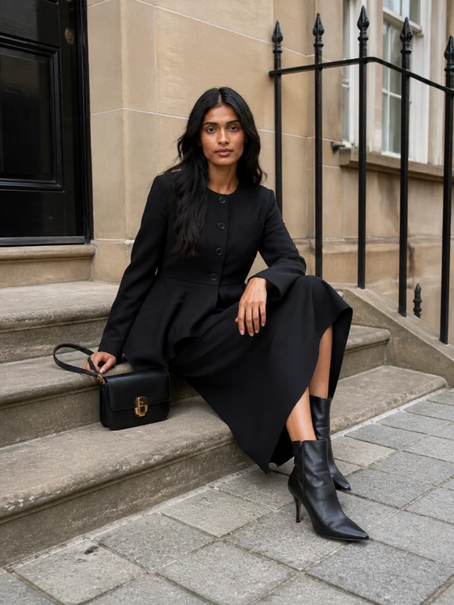 Uma wang jacket patou wrap dress black ankle boots