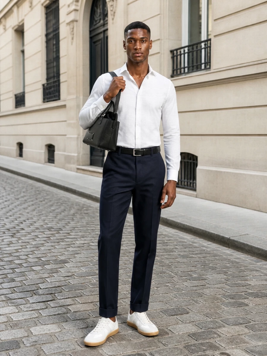 Maison margiela white shirt navy trouser outfit