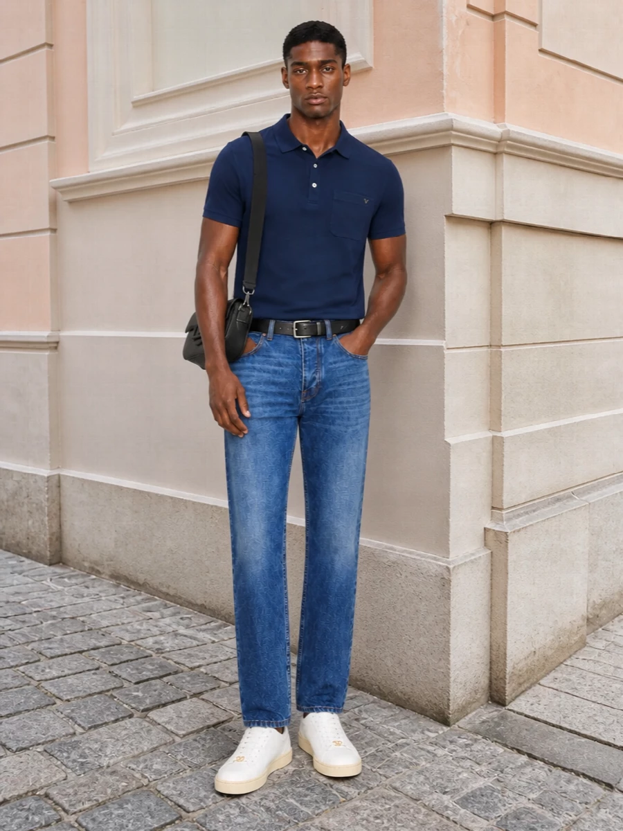 Mid‑indigo Valentino denim meets a deep navy polo for a clean, collegiate spin on casual dressing. Soft white sneakers with a creamy sole keep everything light, while a black belt and shoulder bag add just enough structure. The result is relaxed, quietly luxurious and easy for city days that run long.