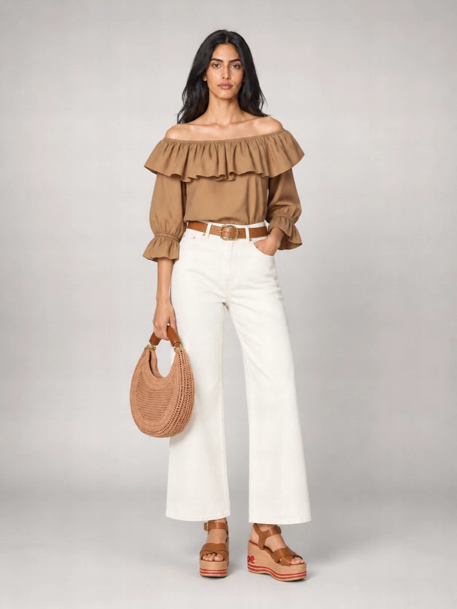 Chloé Cotton Ruffled 3/4-Sleeve Boat Neck Blouse