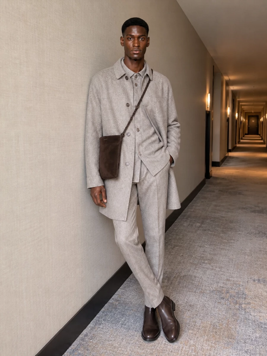Les deux taupe coat pt torino trousers outfit