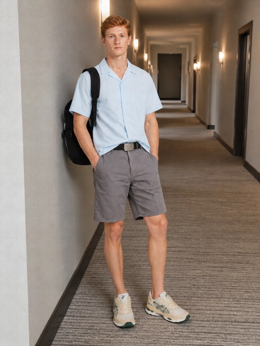 Carhartt grey shorts pale blue shirt outfit