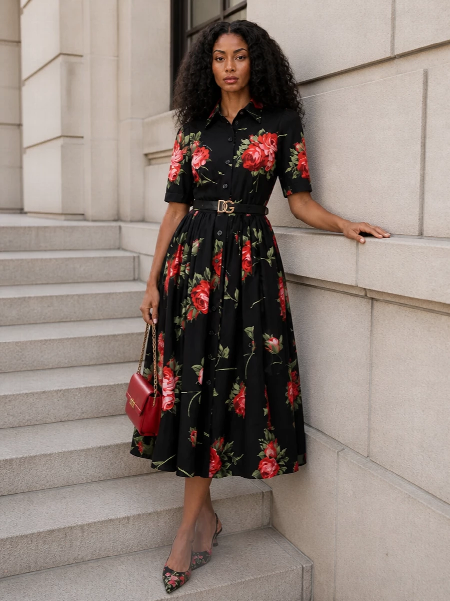 Dolce gabbana rose shirt dress floral heels red bag