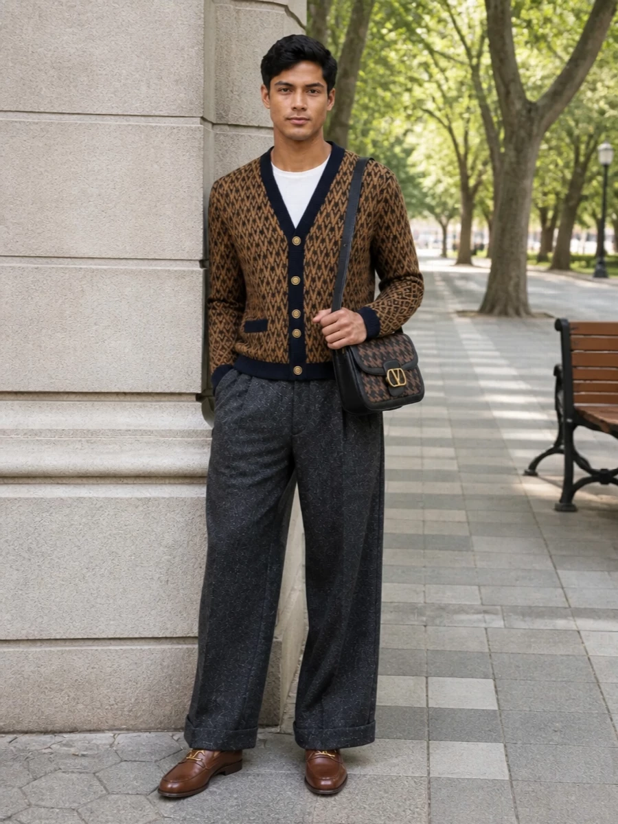 Valentino’s camel and navy cardigan sits over flecked charcoal wide-leg trousers for a modern preppy silhouette that feels structured but relaxed. Chestnut loafers and a houndstooth shoulder bag pick up the knit’s warm tones and gold hardware, keeping everything in the same quiet, tailored register. The result is a confident city uniform that works from smart daytime to understated dinners without ever feeling overstyled.
