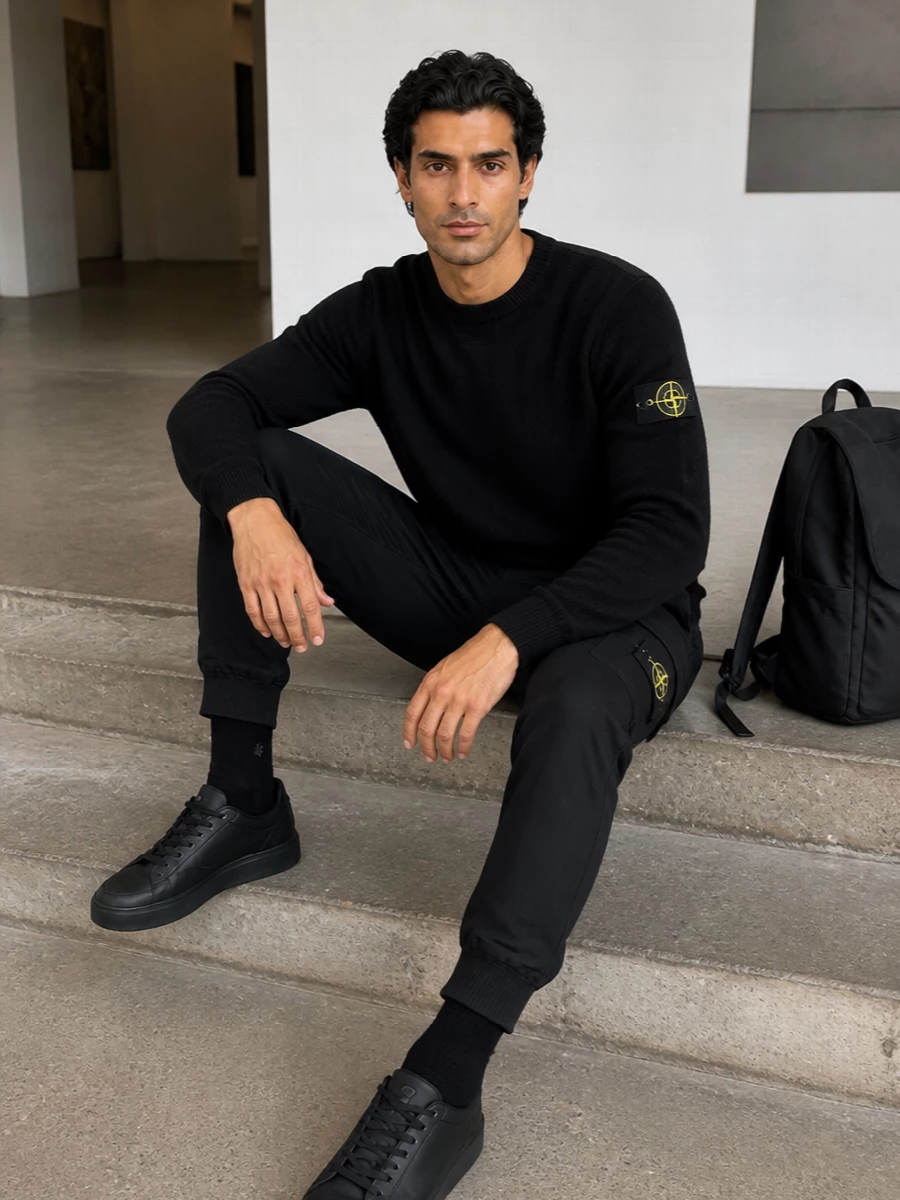 Stone island black knit cargo jogger outfit
