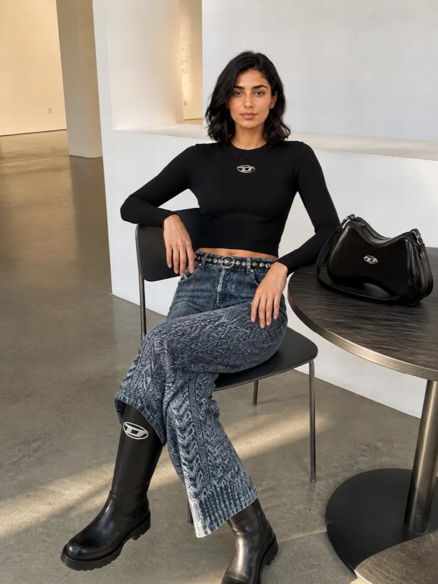 Diesel wide leg jeans black knit knee boots