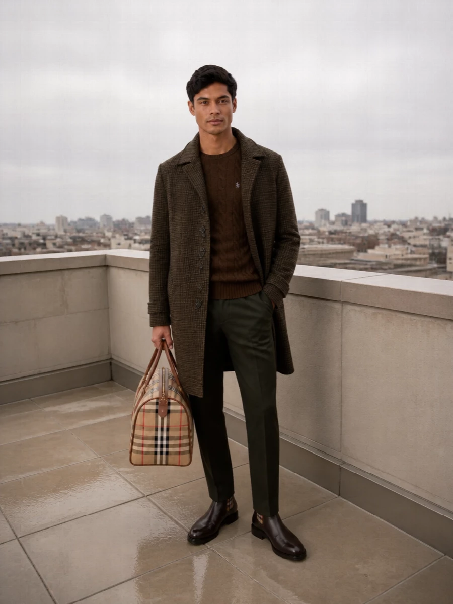 An Irish tweed coat sits over chocolate knit and dark olive tailoring for a quietly assured, countryside-meets-city ensemble. Suede-trimmed Chelsea boots and a Burberry check weekender keep the story firmly in the realm of refined winter travel. Every element shares an earthy, tobacco-and-olive palette that feels rich without reading loud.