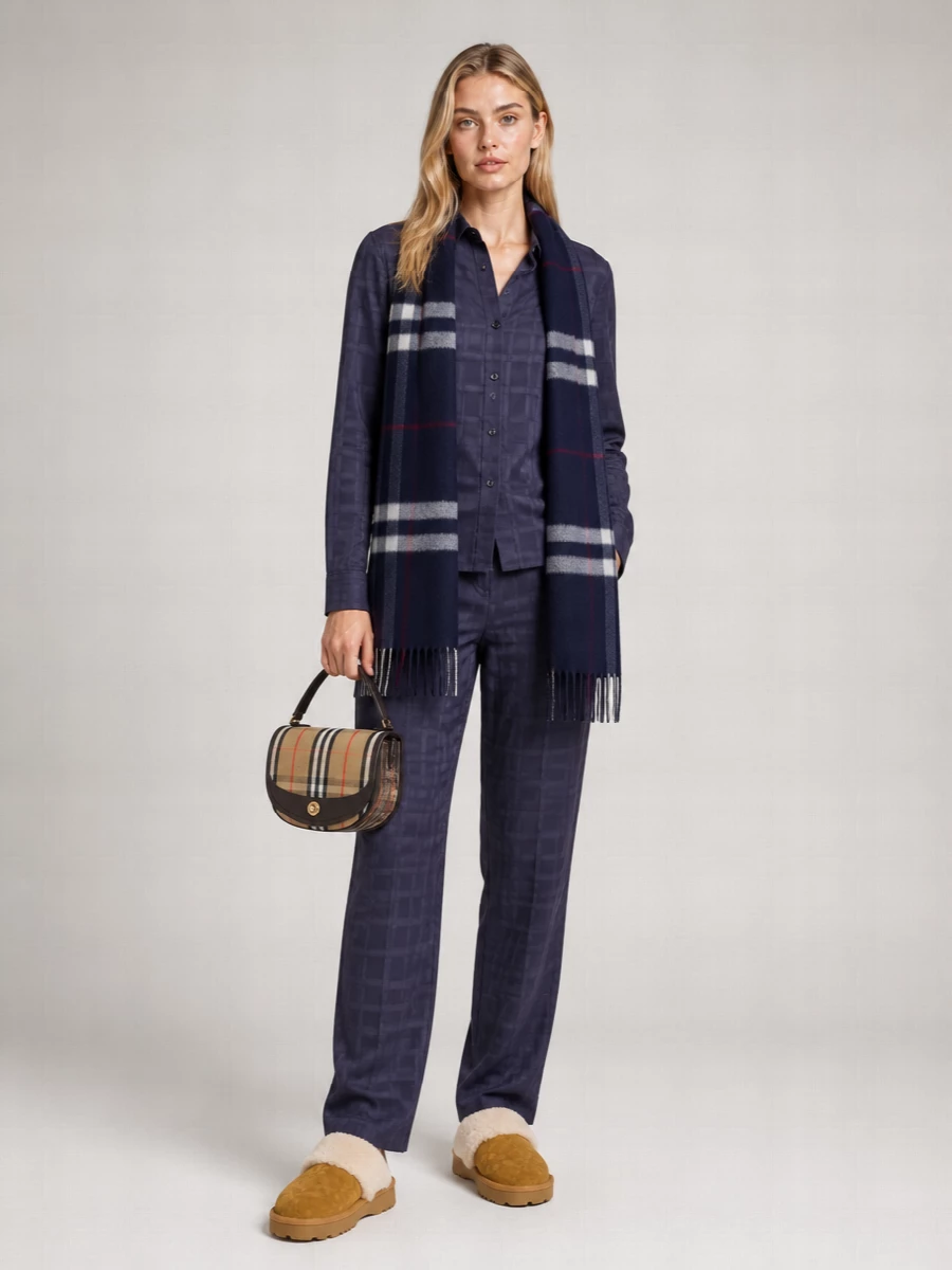Inky jacquard trousers meet a tonal navy check shirt for a coordinated take on pyjama dressing that reads calm and composed rather than casual. Shearling mules and a compact check crossbody add warmth and a touch of heritage, while a navy scarf softly echoes the palette for quietly assured winter lounging in or stepping out nearby.