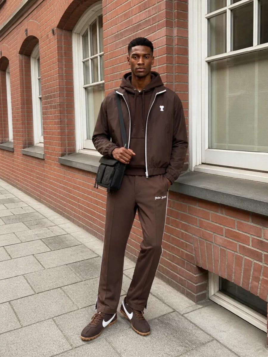 Ami paris brown track jacket nike sneakers outfit